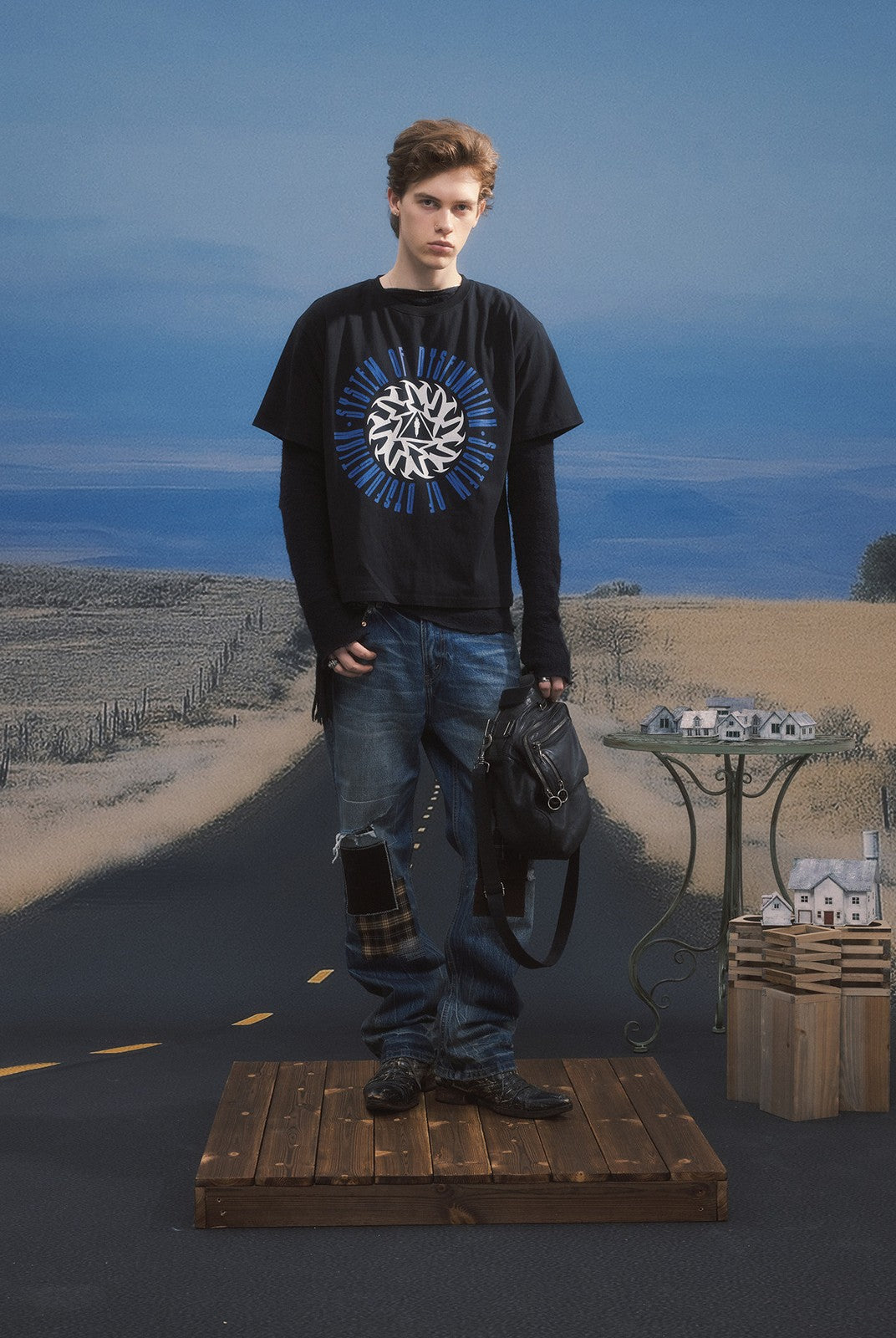 SOD Graphic Print Cotton Boxy T Shirt in Black - On Male Model