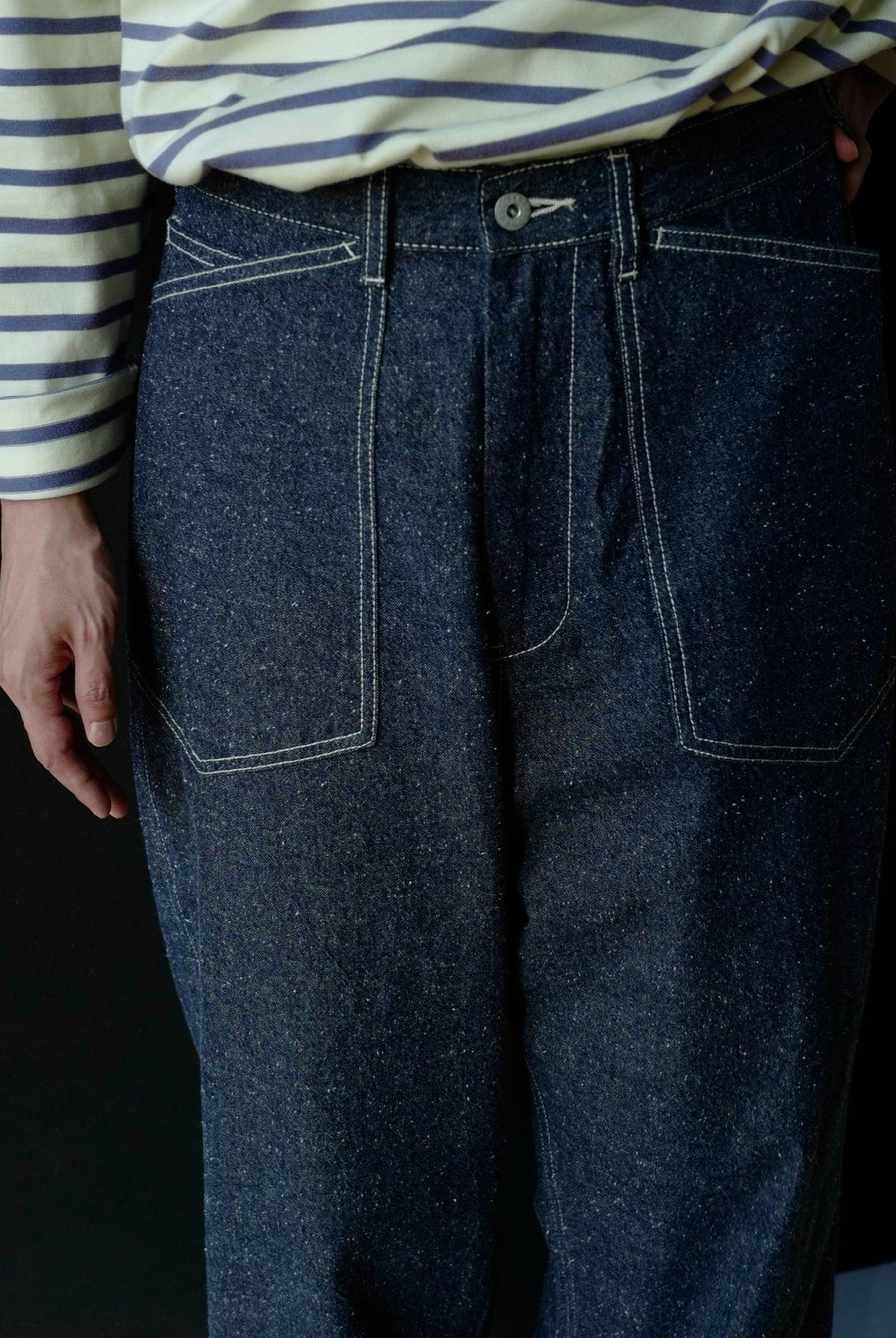 USAGE Vintage Neppy Cotton Straight Leg Jeans in Navy Blue - On Model