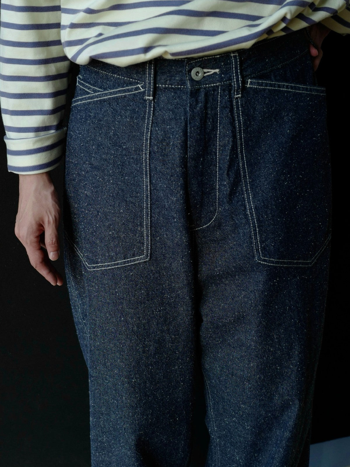 USAGE Vintage Neppy Cotton Straight Leg Jeans in Navy Blue - On Model