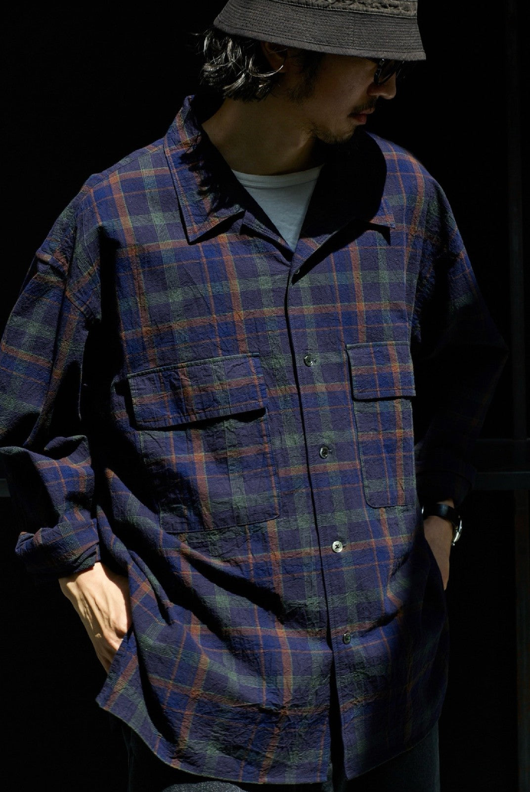 USAGE Washed Crinkle Plaid Open Collar Shirt in Navy Blue - On Male Model