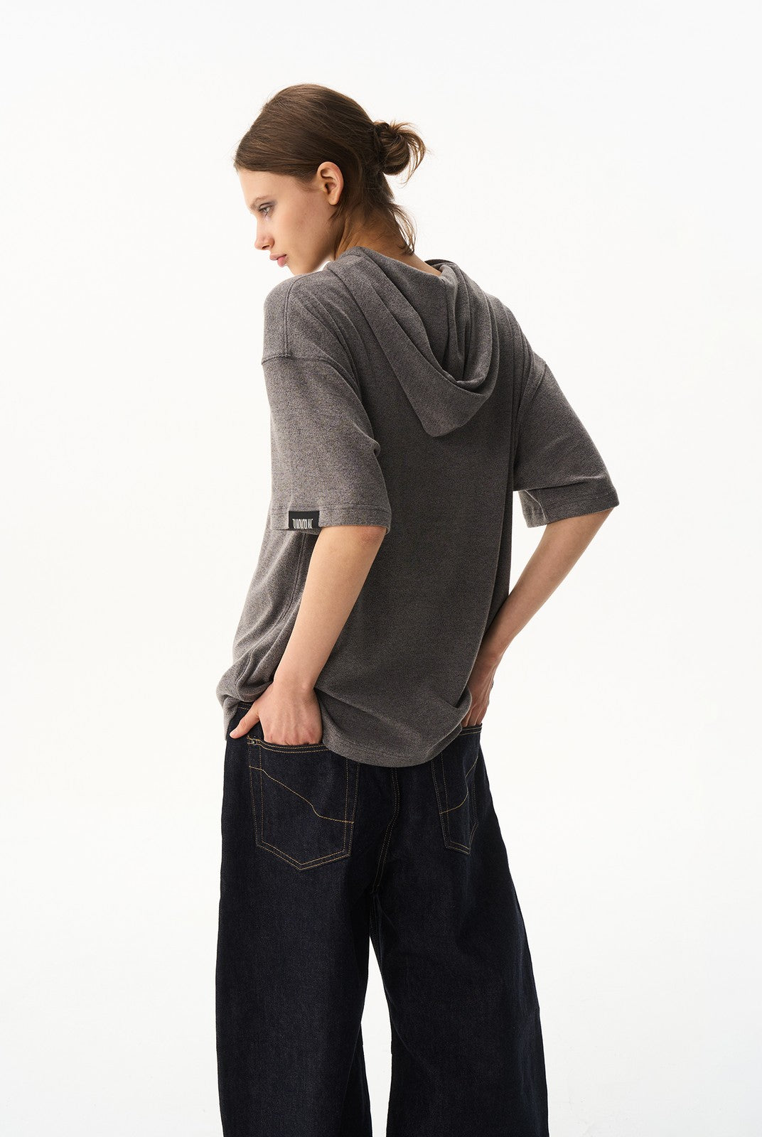 BLINDNOPLAN Hooded Short Sleeve Polo in Gray - On Female Model