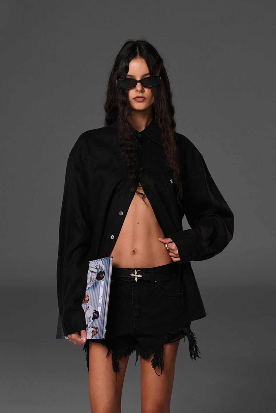 SMFK Long Sleeve Linen Button Down in Black - On Female Model