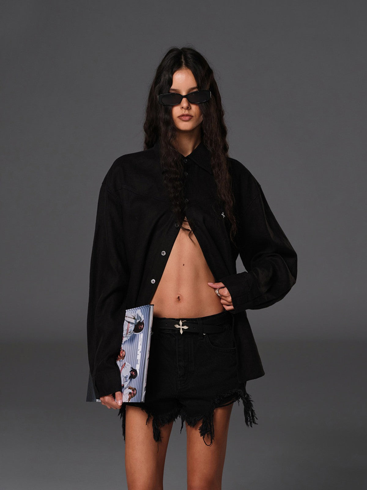 SMFK Long Sleeve Linen Button Down in Black - On Female Model