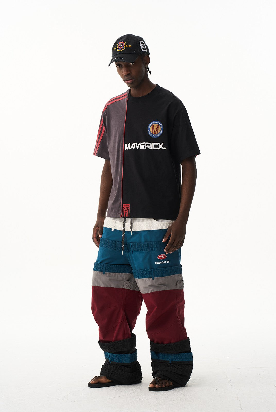 BLINDNOPLAN Panelled Embroidered Colorblock T Shirt in Black - On Male Model