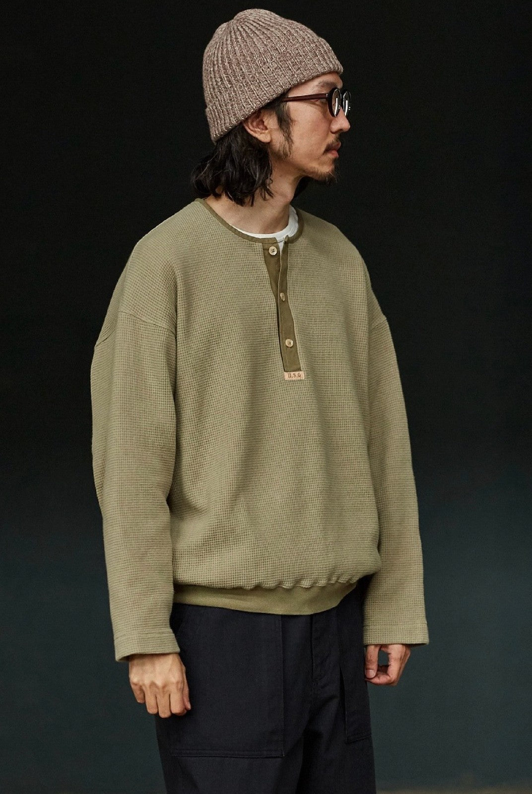 USAGE Heavyweight Waffle Knit Henley Sweatshirt in Olive - On Male Model