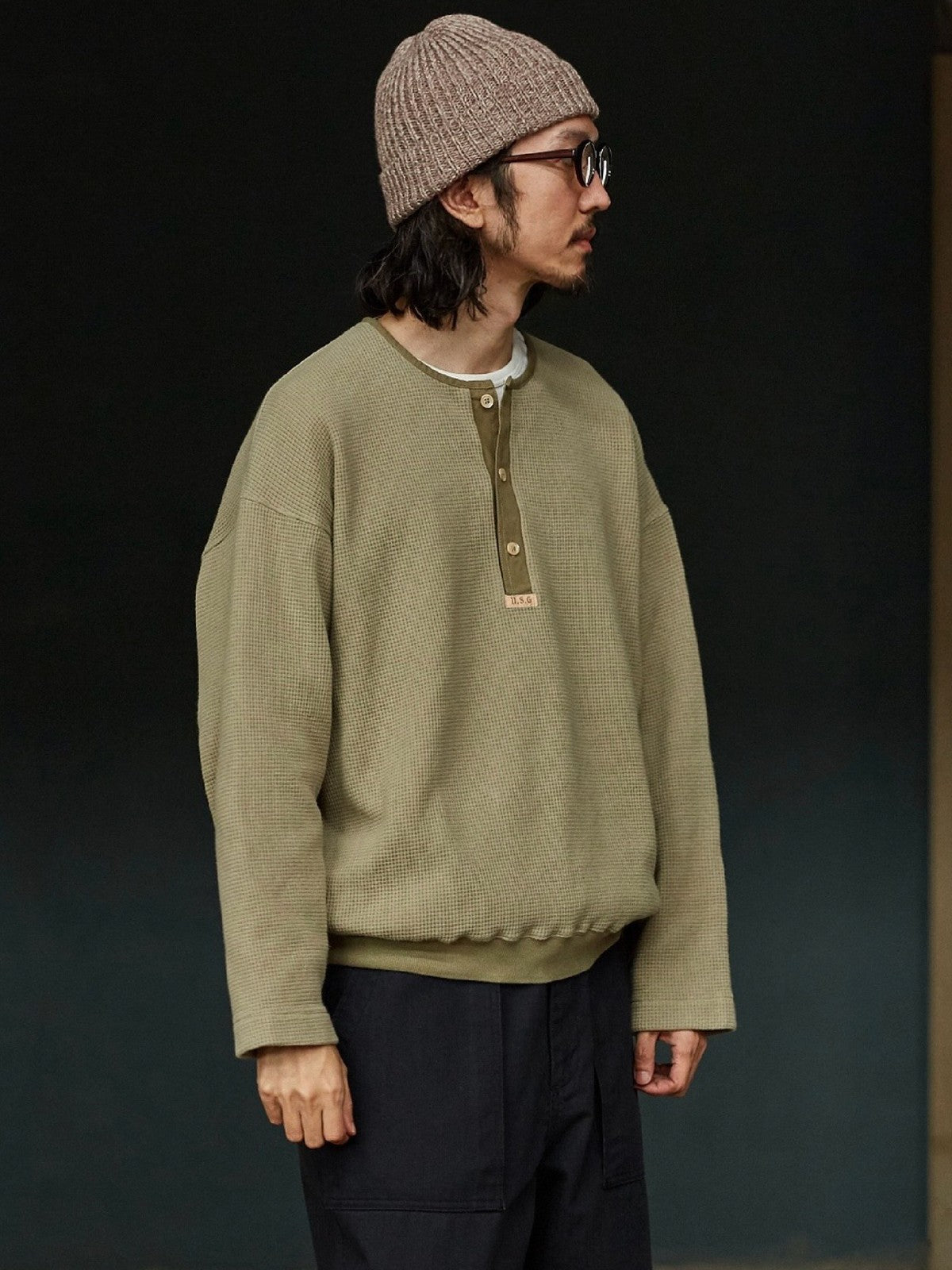 USAGE Heavyweight Waffle Knit Henley Sweatshirt in Olive - On Male Model