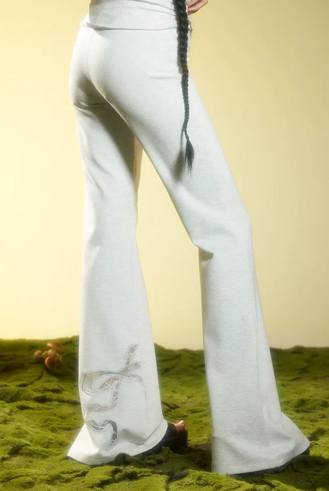 BeerBro Ruched Waist Stretch Flared Pants in Gray - On Female Model
