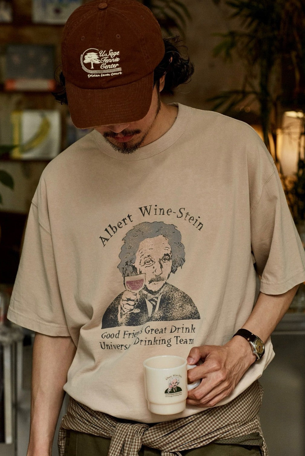USAGE Vintage Wash Einstein Graphic T Shirt in Beige - On Male Model