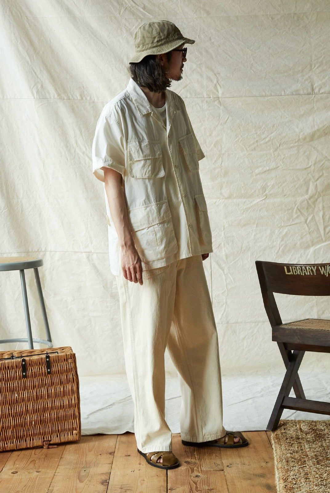 USAGE Vintage Neppy Cotton Straight Leg Jeans in Cream - On Male Model