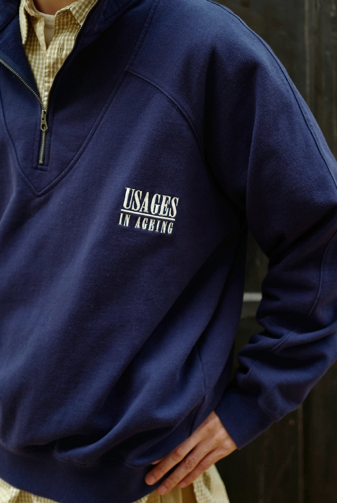 USAGE Heavyweight Cotton Half Zip Sweatshirt in Navy Blue - On Male Model