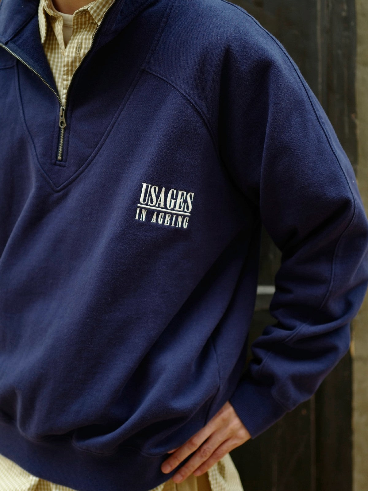 USAGE Heavyweight Cotton Half Zip Sweatshirt in Navy Blue - On Male Model