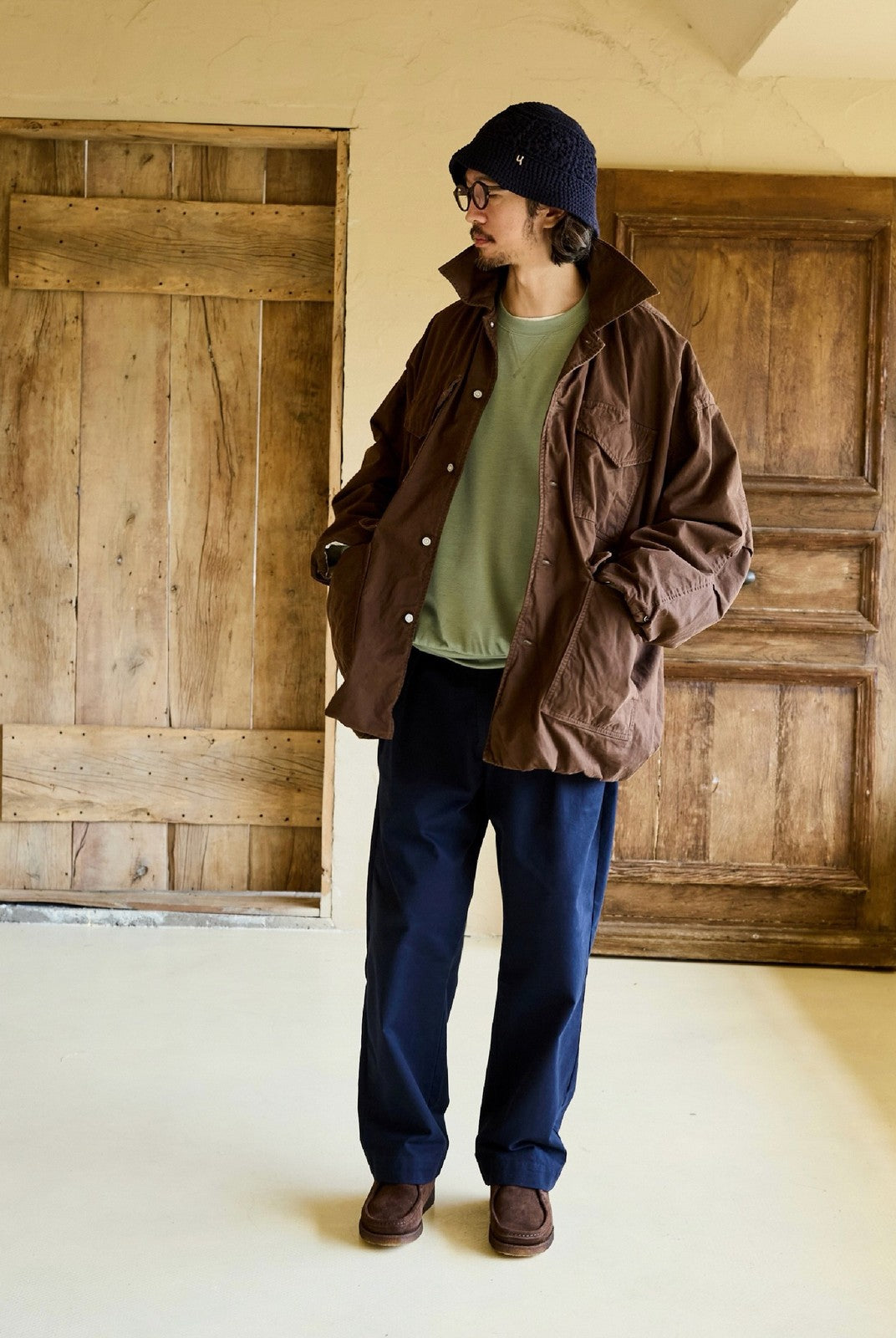 USAGE Washed Cotton Twill M65 Jacket in Brown - On Male Model