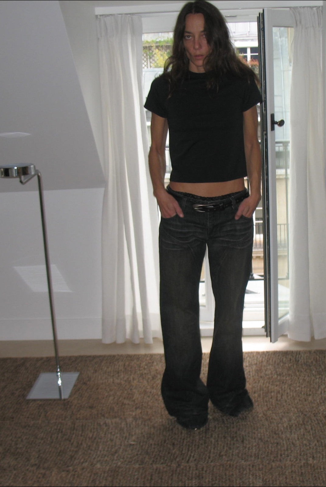 FaxCopyExpress Curved Panel Dirty Wash Jeans in Gray - On Female Model