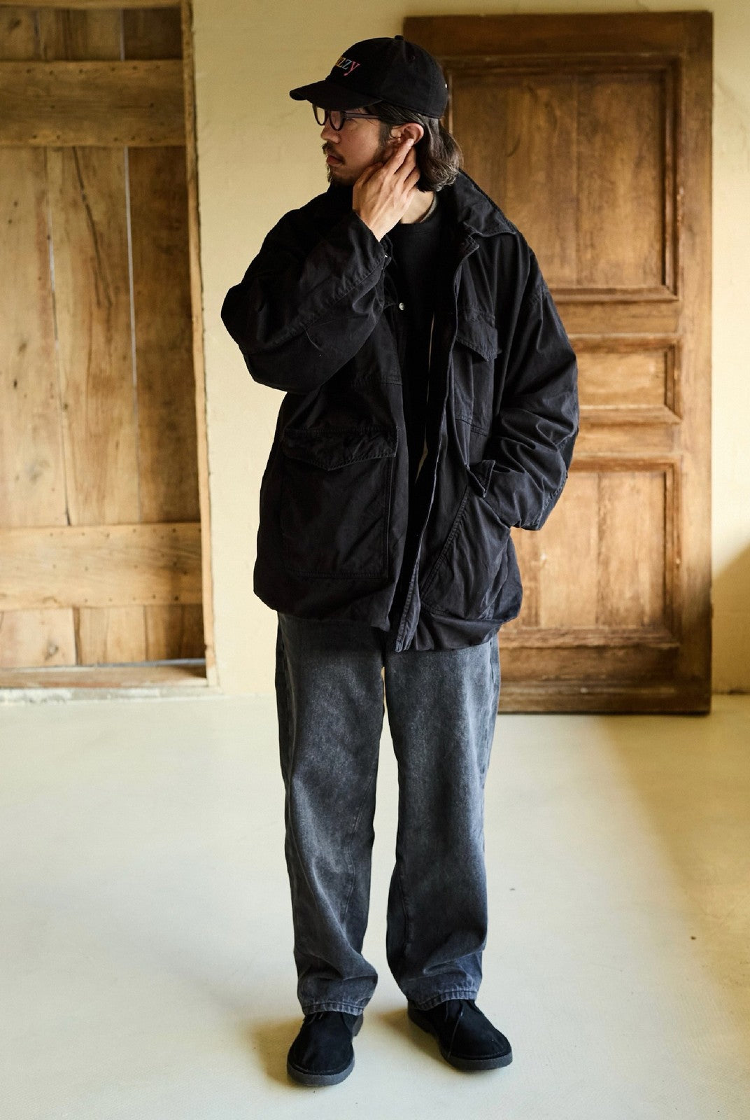 USAGE Washed Cotton Twill M65 Jacket in Black - On Male Model