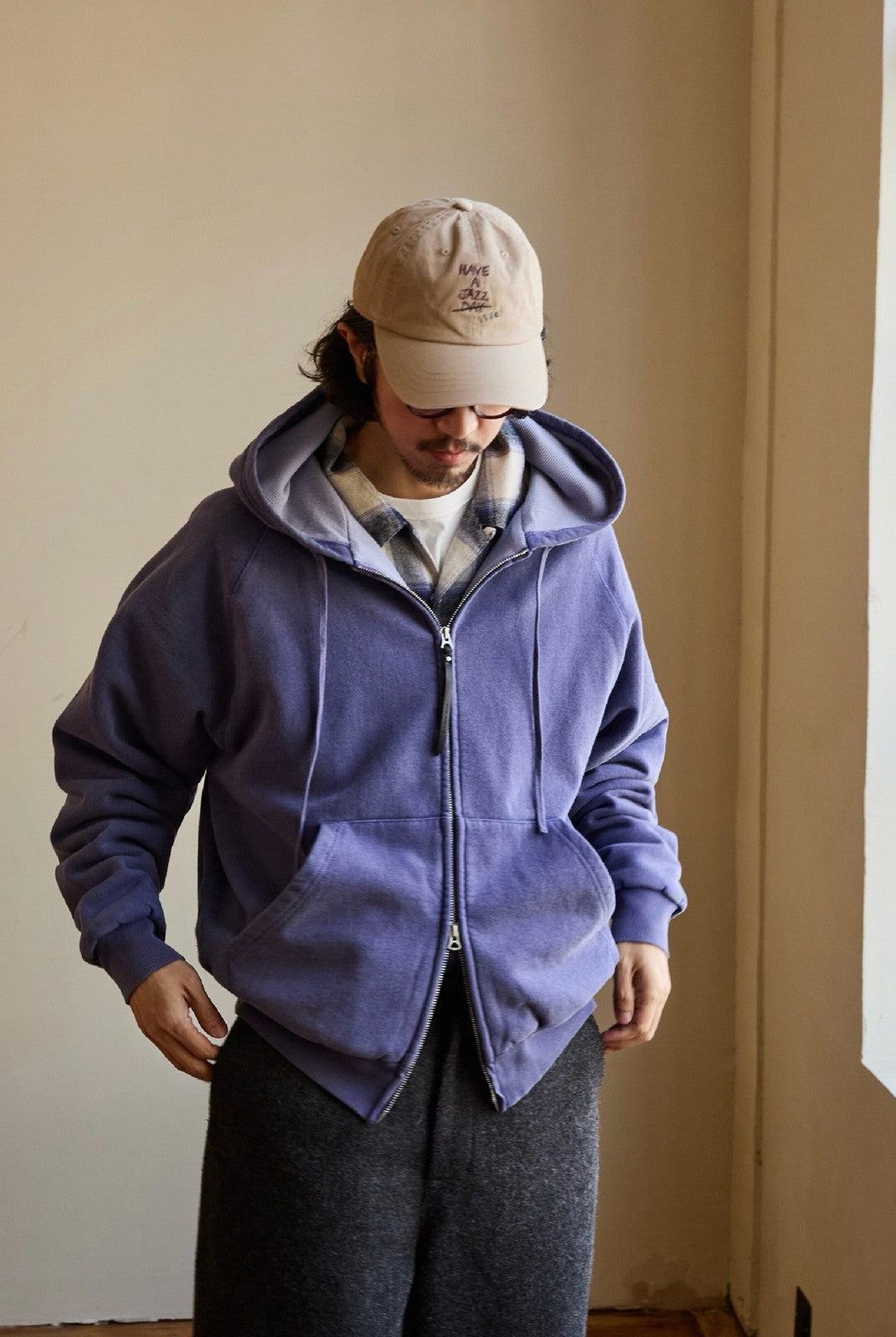 USAGE Vintage Washed Double Layer Zip Hoodie in Purple - On Male Model