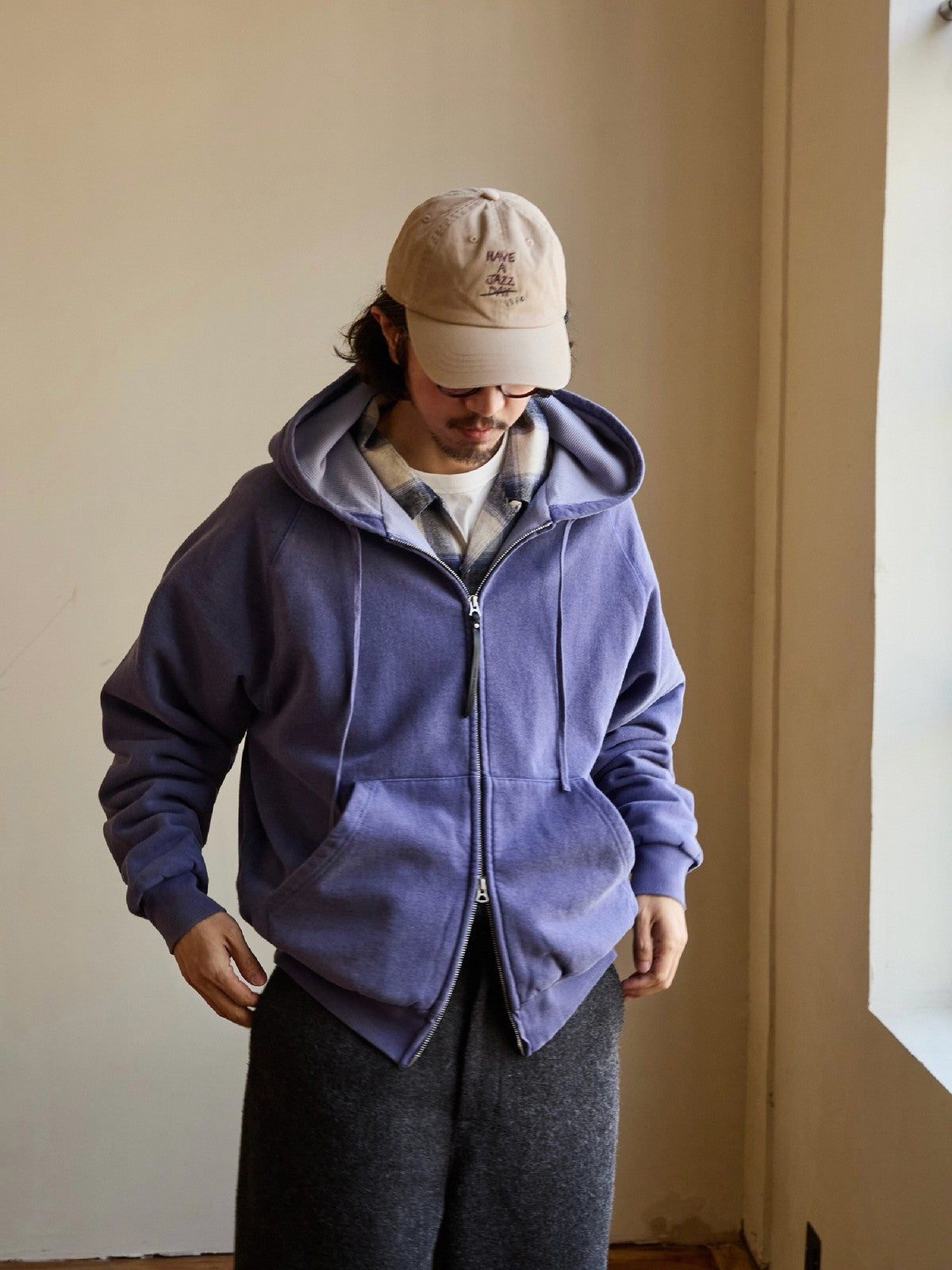 USAGE Vintage Washed Double Layer Zip Hoodie in Purple - On Male Model