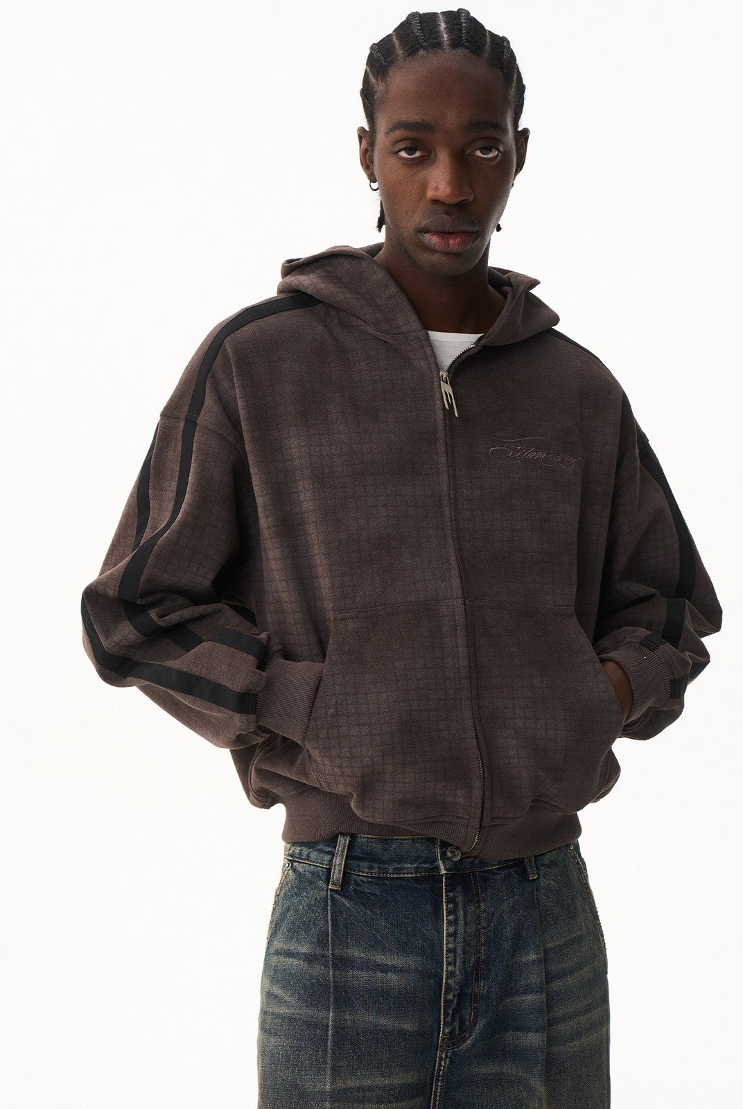 BLINDNOPLAN Distressed Embroidered Zip Up Hoodie in Brown - On Male Model