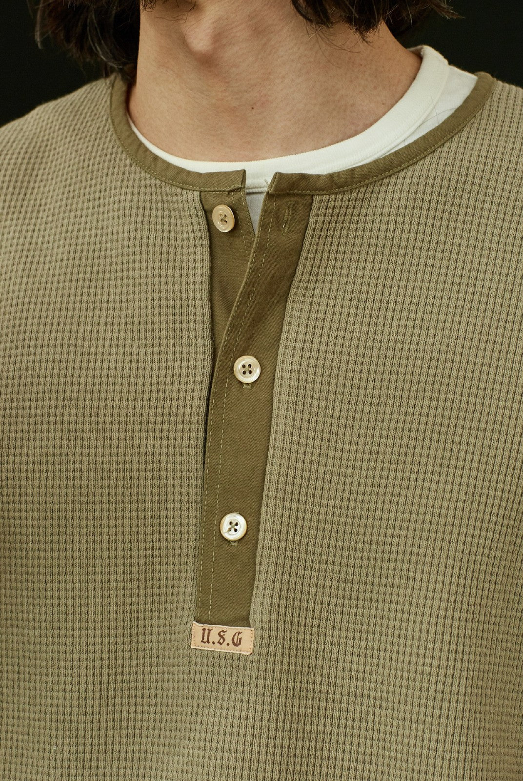 USAGE Heavyweight Waffle Knit Henley Sweatshirt in Olive - On Male Model