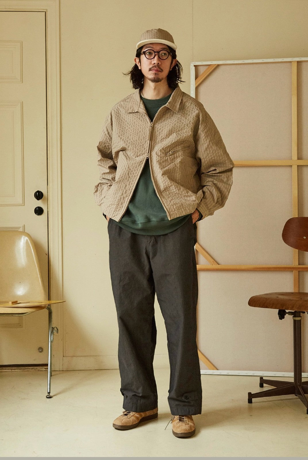 USAGE Jacquard Check Harrington Jacket in Beige - On Male Model