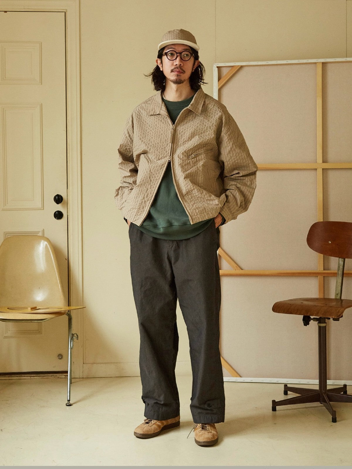 USAGE Jacquard Check Harrington Jacket in Beige - On Male Model