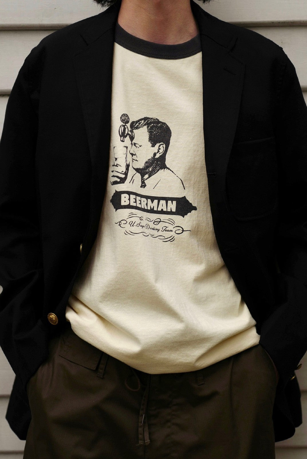 USAGE Graphic Cotton Ringer T Shirt in Cream - On Male Model