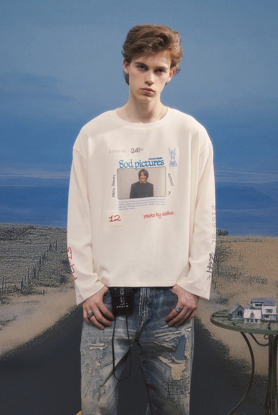 SOD Keanu Graphic Waffle Knit Top in White - On Male Model