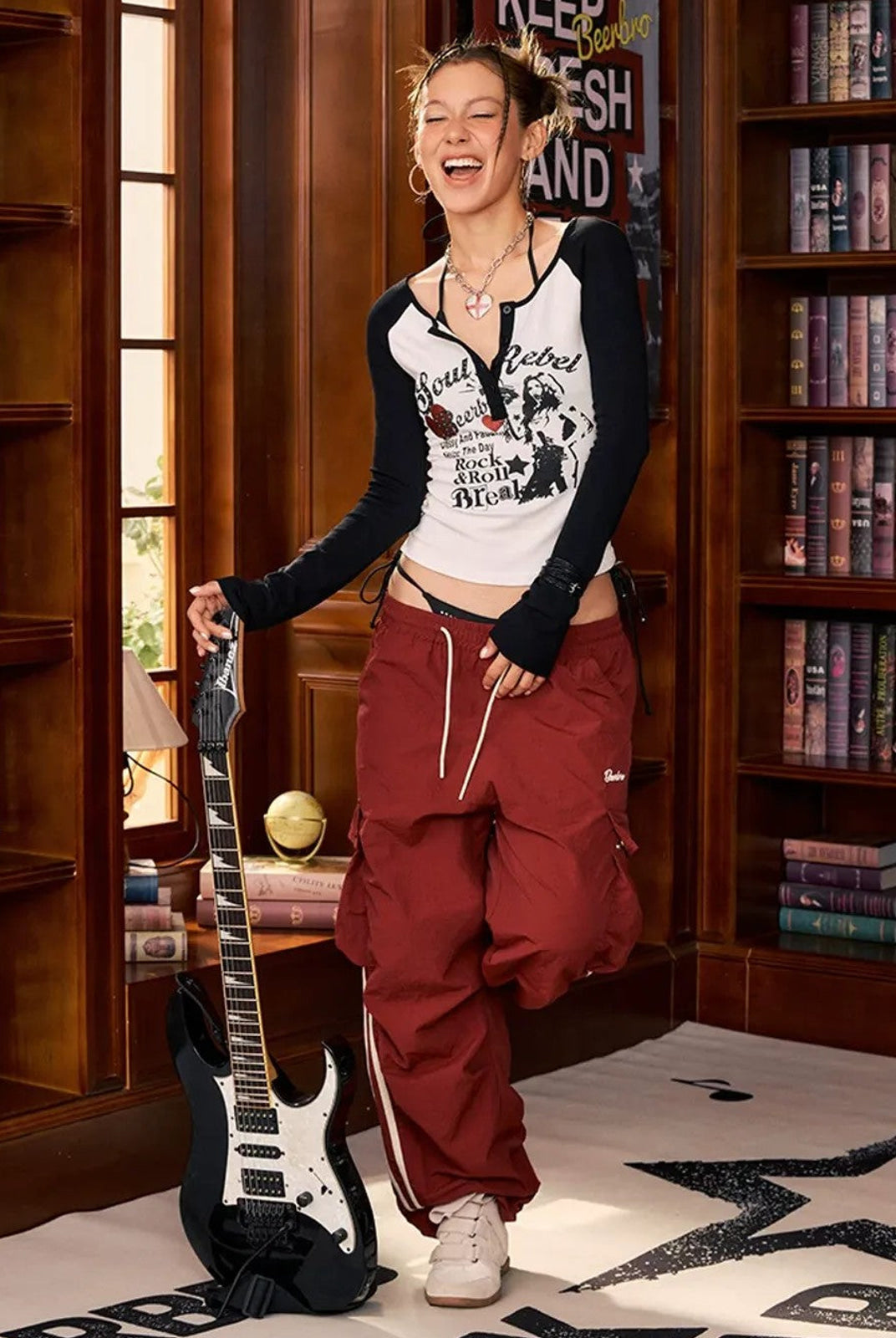 BeerBro Contrast Stripe Cargo Pants in Red - On Female Model