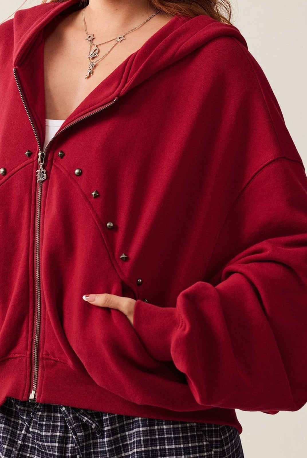 BeerBro Studded Zip Up Cropped Hoodie in Red - On Female Model