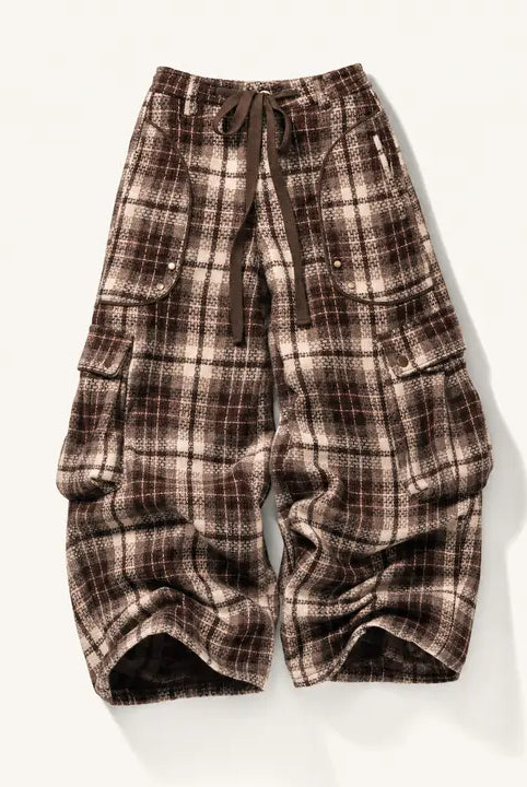 Mingstreet ASC launch still-life | BEERBRO | Plaid Tweed Wide Leg Cargo Pants | Brown | ready_now_existing_asset