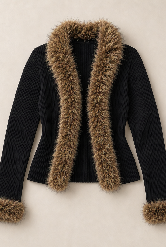 Mingstreet ASC launch still-life | BEERBRO | Faux Fur Trim Ribbed Cardigan | Black | ready_now_uncrumpled_replacement
