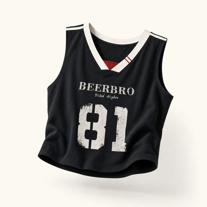 Mingstreet ASC launch still-life | BEERBRO | Graphic V Neck Cropped Tank | Black | ready_now_existing_asset