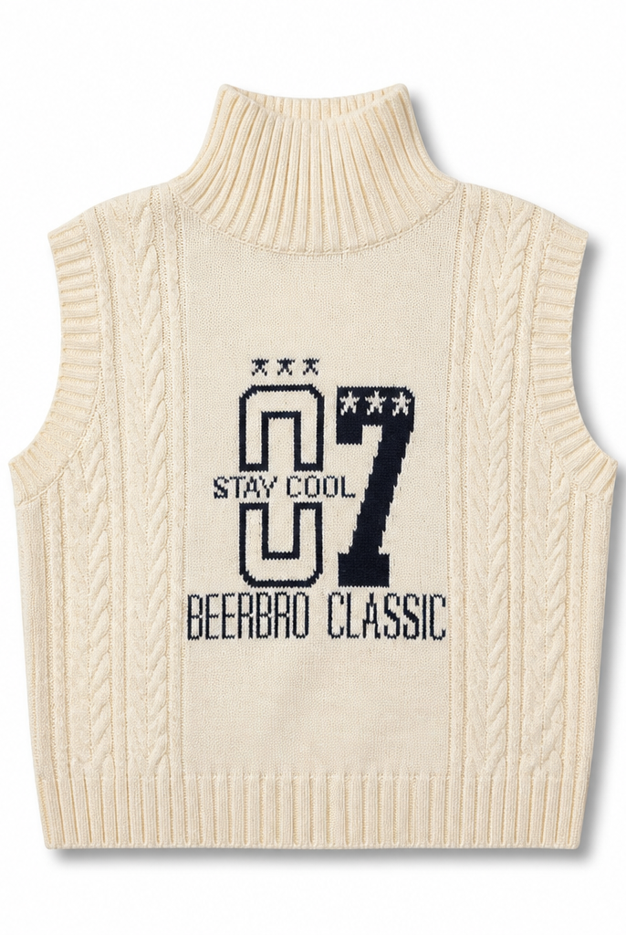 Mingstreet ASC launch still-life | BEERBRO | Graphic Cable Knit Turtleneck Vest | Beige | generated_extra_ready_product_colorway