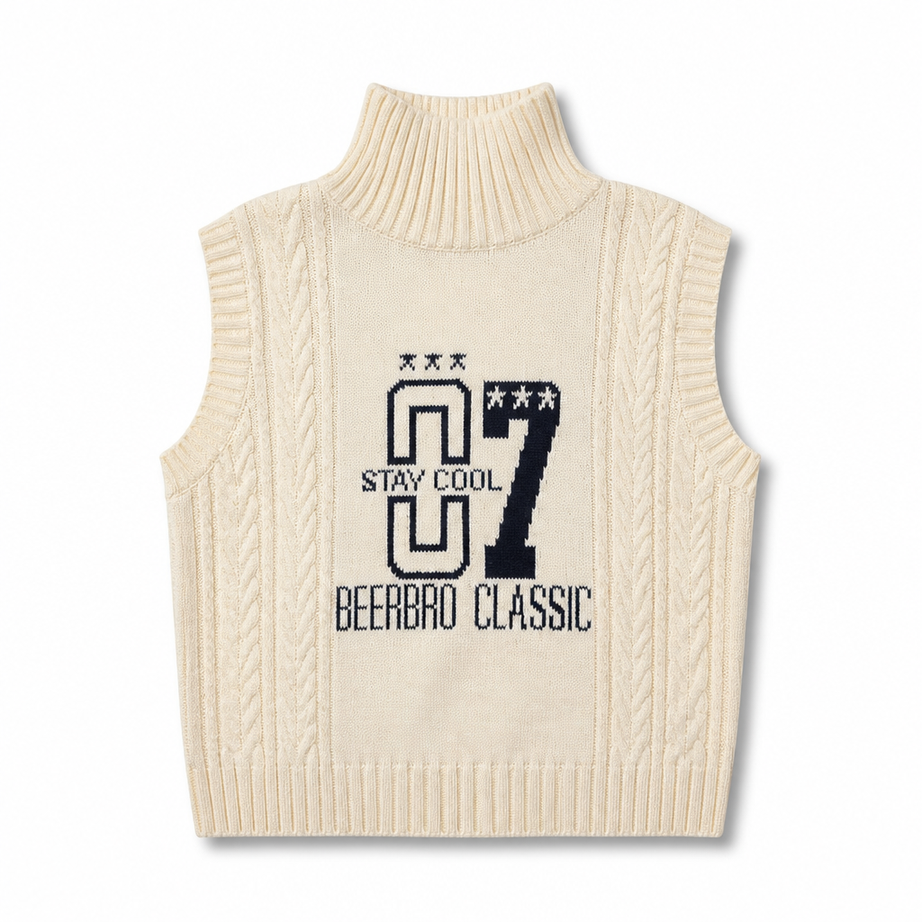 Mingstreet ASC launch still-life | BEERBRO | Graphic Cable Knit Turtleneck Vest | Beige | generated_extra_ready_product_colorway