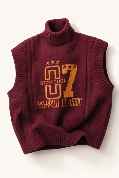 Mingstreet ASC launch still-life | BEERBRO | Graphic Cable Knit Turtleneck Vest | Burgundy | ready_now_existing_asset