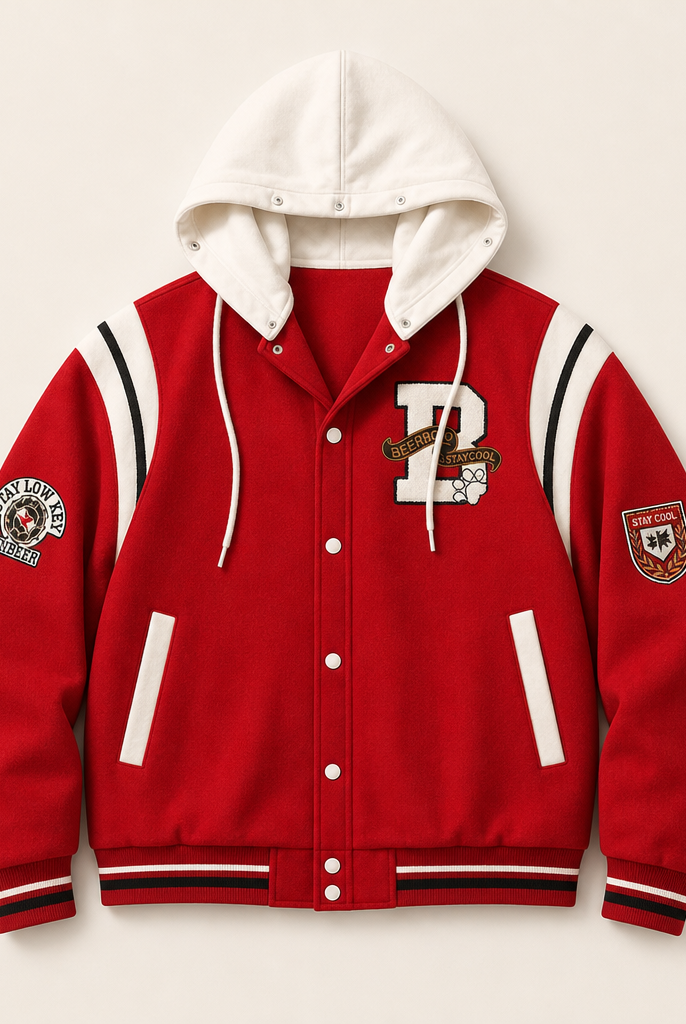 Mingstreet ASC launch still-life | BEERBRO | Detachable Hood Varsity Jacket | Red | ready_now_uncrumpled_replacement