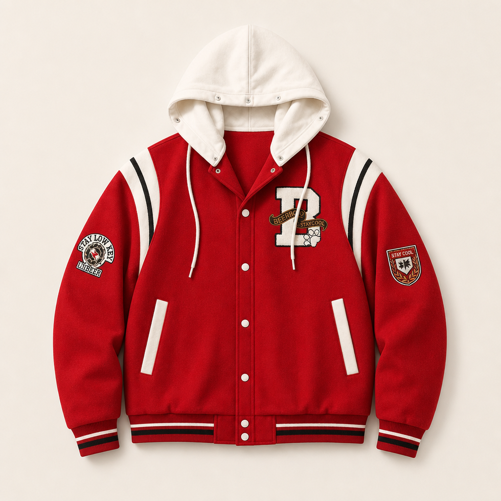Mingstreet ASC launch still-life | BEERBRO | Detachable Hood Varsity Jacket | Red | ready_now_uncrumpled_replacement