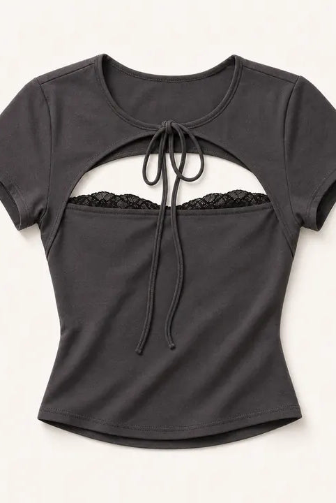 Mingstreet ASC launch still-life | BEERBRO | Lace Trim Cutout Baby Tee | Gray | ready_now_existing_asset