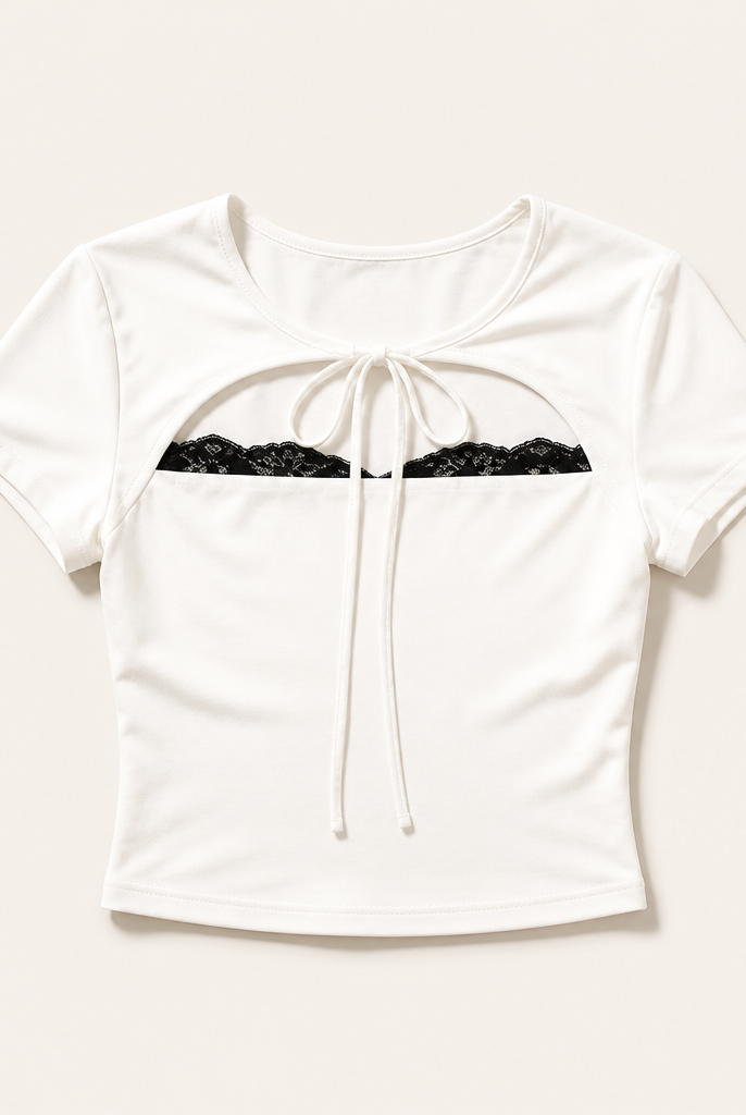Mingstreet ASC launch still-life | BEERBRO | Lace Trim Cutout Baby Tee | White | generated_extra_ready_product_colorway