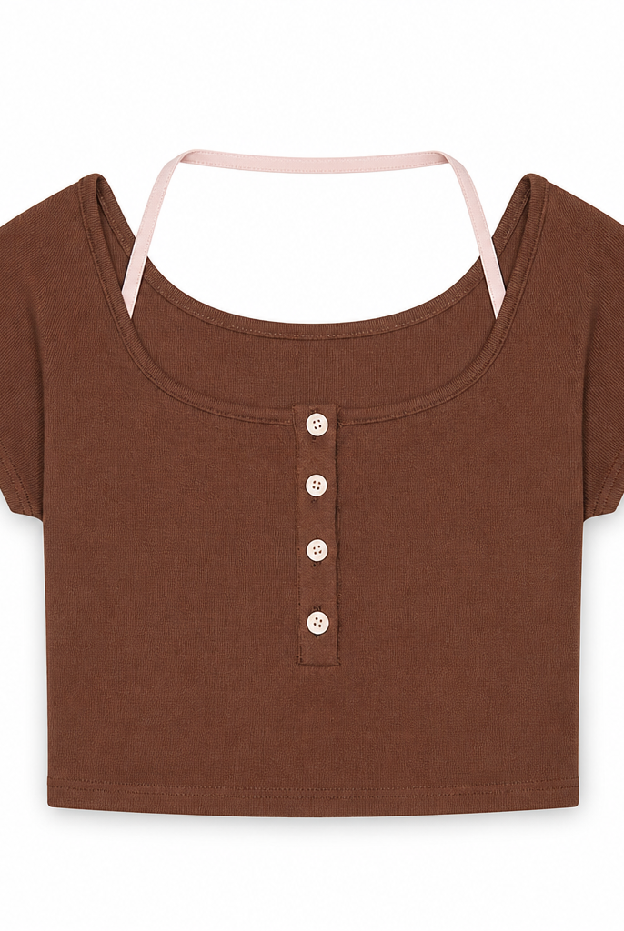 Mingstreet ASC launch still-life | BEERBRO | Faux Layered Knit Henley Crop Top | Brown | generated_extra_ready_product_colorway