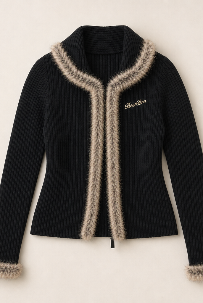 Mingstreet ASC launch still-life | BEERBRO | Faux Fur Trim Ribbed Cardigan | Black | ready_now_uncrumpled_replacement