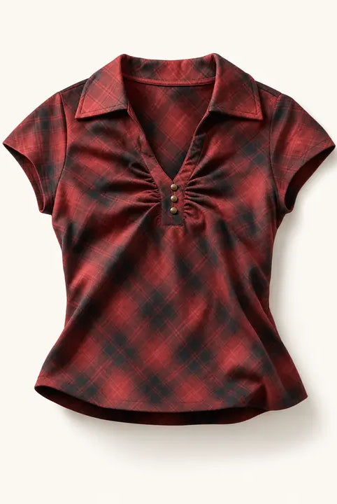 Mingstreet ASC launch still-life | BEERBRO | Plaid V Neck Collared Top | Burgundy | ready_now_existing_asset