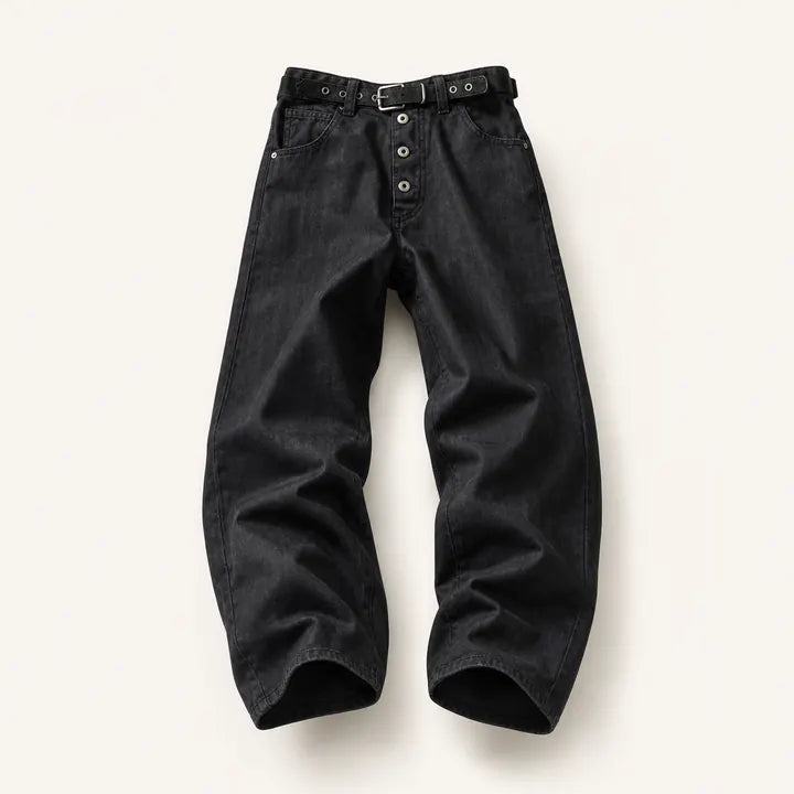 Mingstreet ASC launch still-life | SOD | Waxed Leather Buckle Jeans | Black | ready_now_existing_asset
