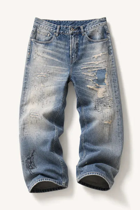 Mingstreet ASC launch still-life | SOD | Distressed Graffiti Embroidered Jeans | Blue | ready_now_existing_asset