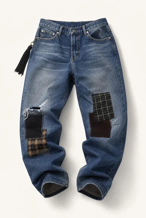 Mingstreet ASC launch still-life | SOD | Distressed Patchwork Jeans | Blue | ready_now_existing_asset