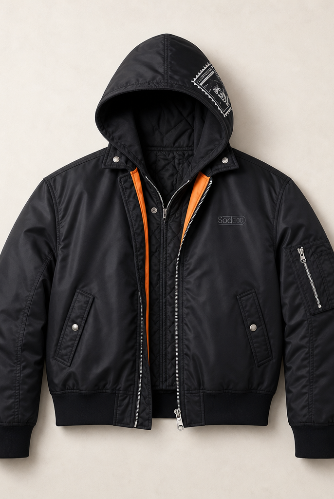 Mingstreet ASC launch still-life | SOD | Narcoleptic Hooded Bomber Jacket | Black | ready_now_uncrumpled_replacement