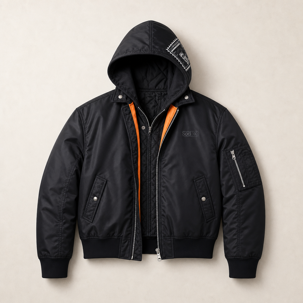 Mingstreet ASC launch still-life | SOD | Narcoleptic Hooded Bomber Jacket | Black | ready_now_uncrumpled_replacement