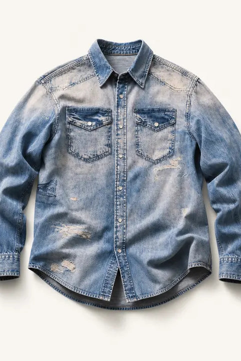 Mingstreet ASC launch still-life | SOD | Distressed Ink Splatter Denim Shirt | Blue | ready_now_existing_asset