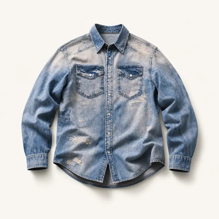 Mingstreet ASC launch still-life | SOD | Distressed Ink Splatter Denim Shirt | Blue | ready_now_existing_asset