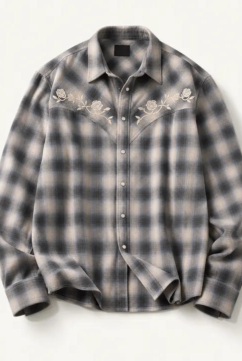Mingstreet ASC launch still-life | SOD | Embroidered Plaid Western Shirt | Gray | ready_now_existing_asset