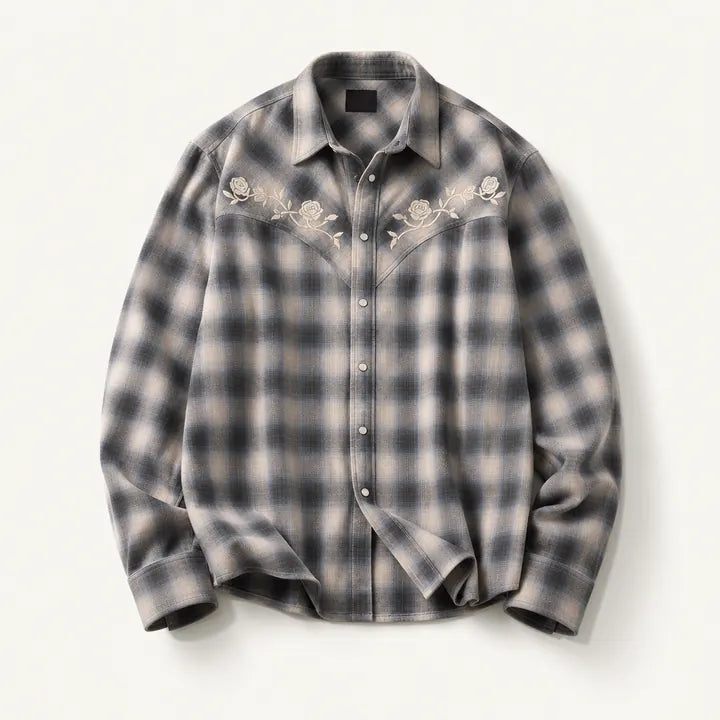 Mingstreet ASC launch still-life | SOD | Embroidered Plaid Western Shirt | Gray | ready_now_existing_asset
